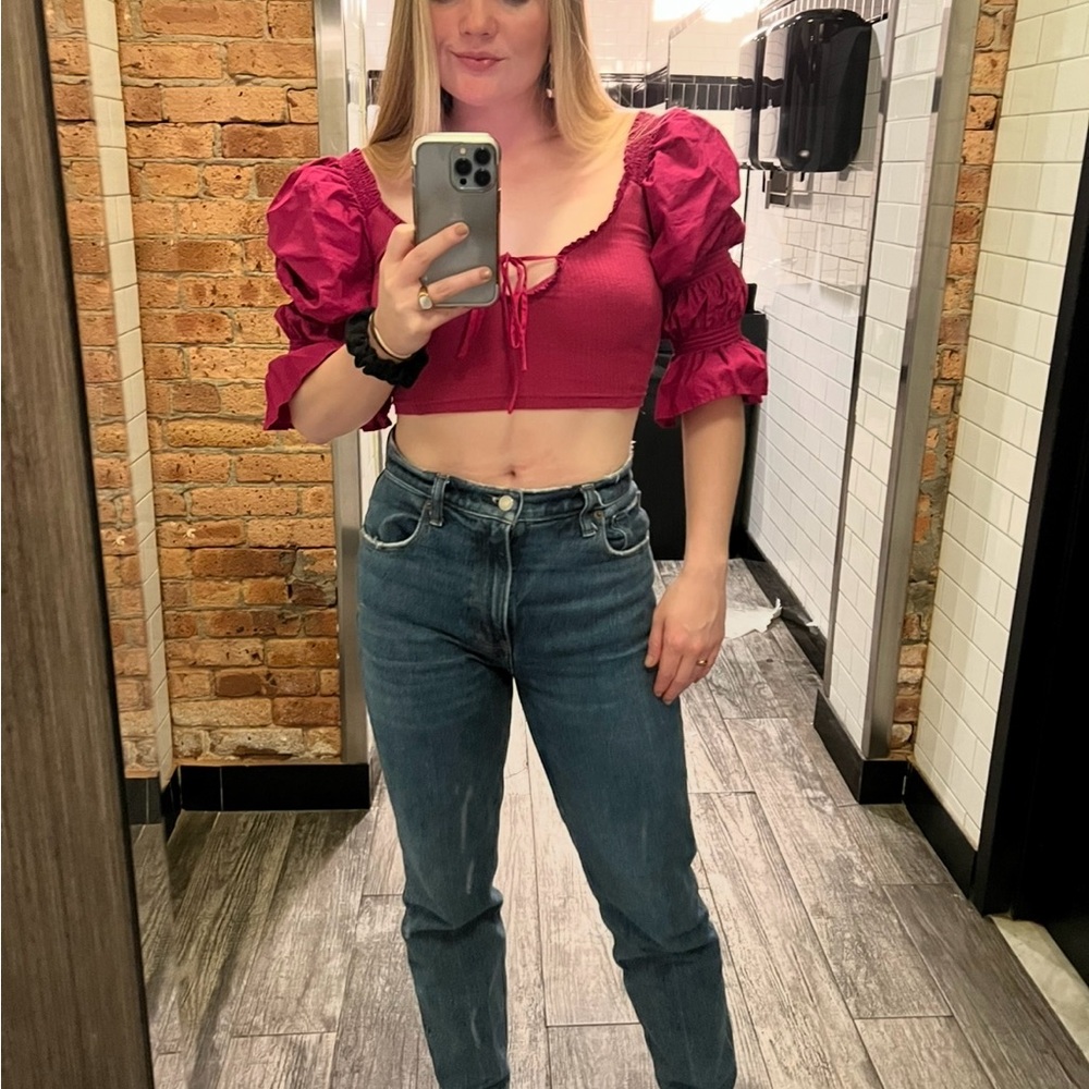 Urban Outfitters Pink Puff Sleeve Crop Top